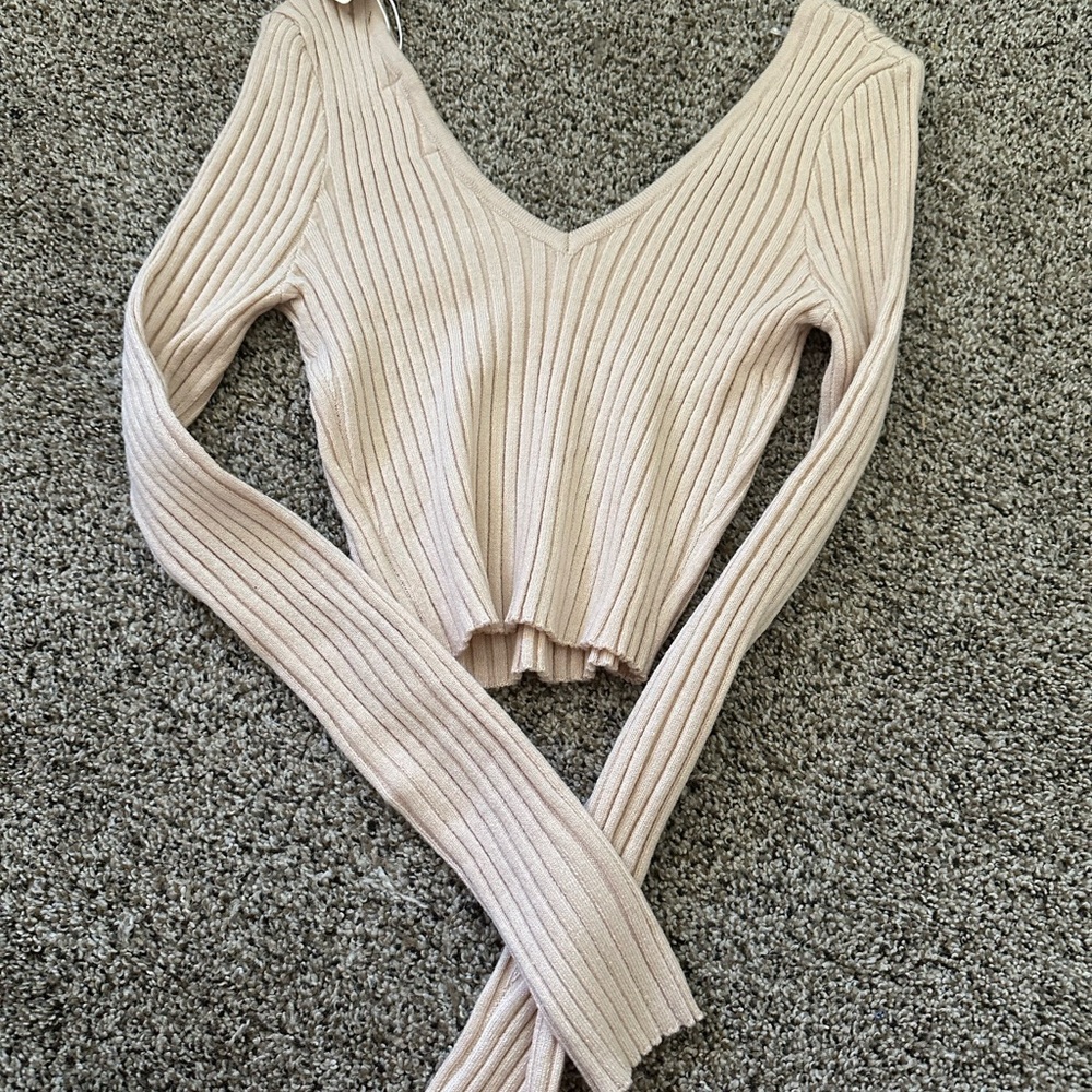 Active USA Cream Ribbed Crop Blouse Long Sleeve